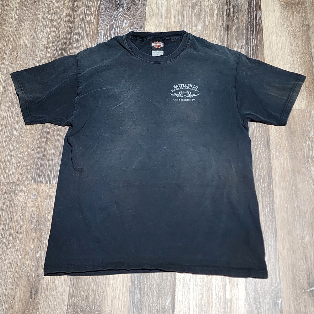 Battlefield Harley Davidson Gettysburg PA T Shirt Black Size L Dual Sided Faded